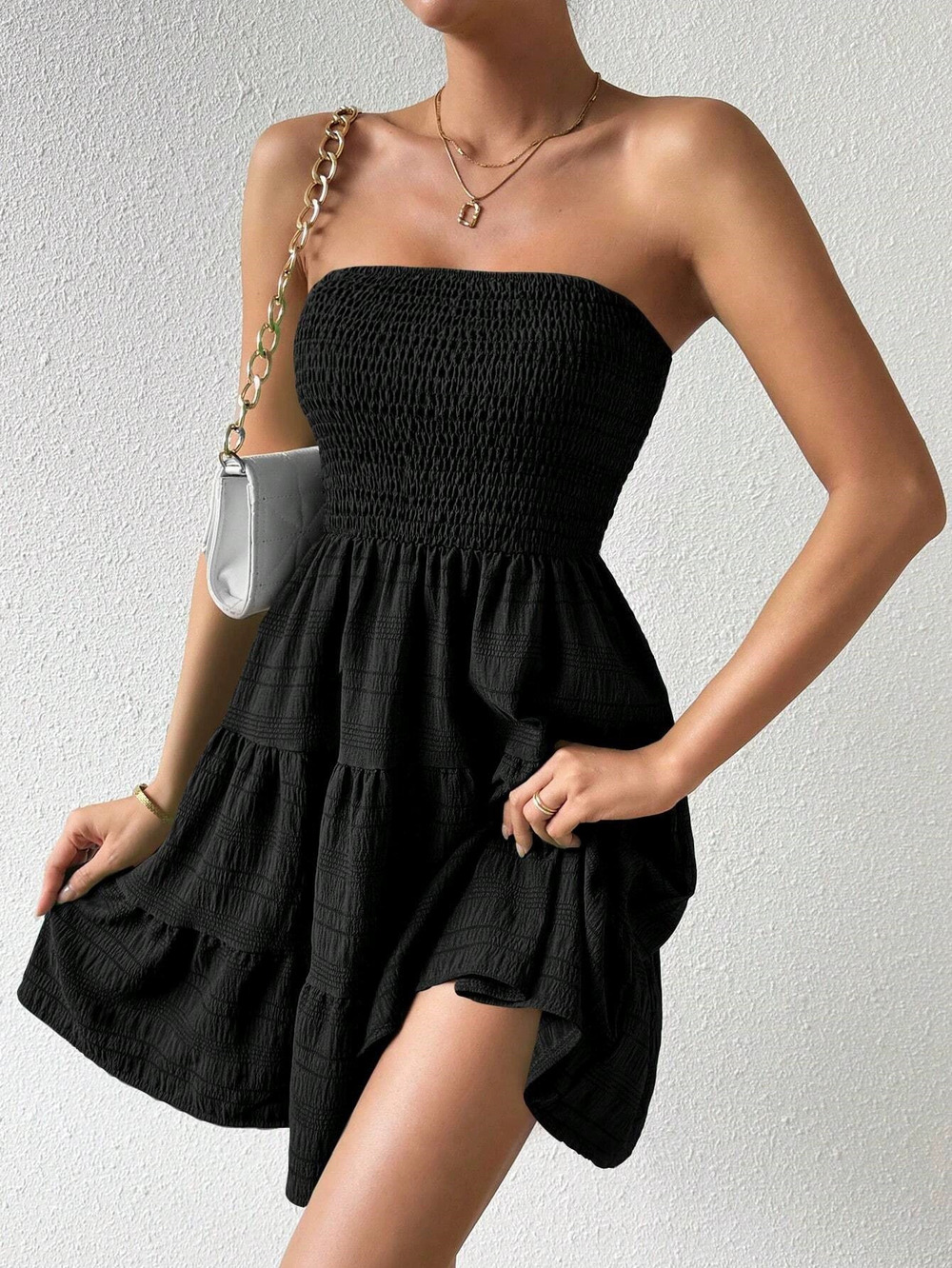 ZARA Summer Off Shoulder Strapless Solid Color Textured Versatile Dress